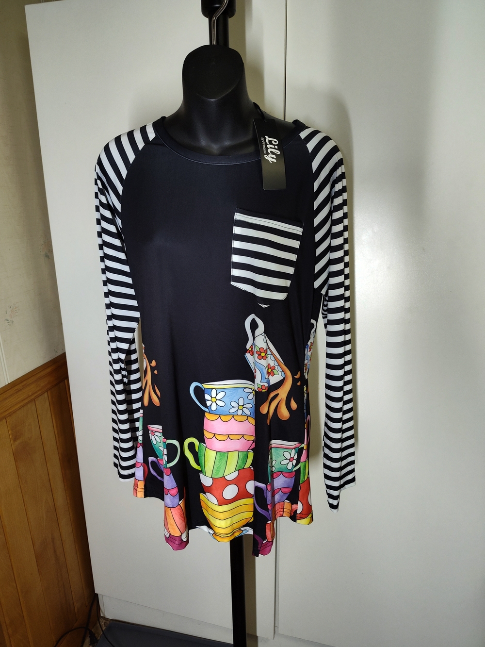 Lily Black Striped Long Sleeve Top Colorful Tea Cup Size Medium